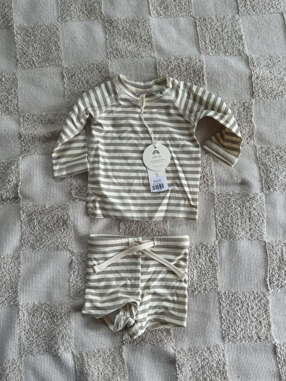 Quincy Mae Striped Beige & White Baby Rashguard Set